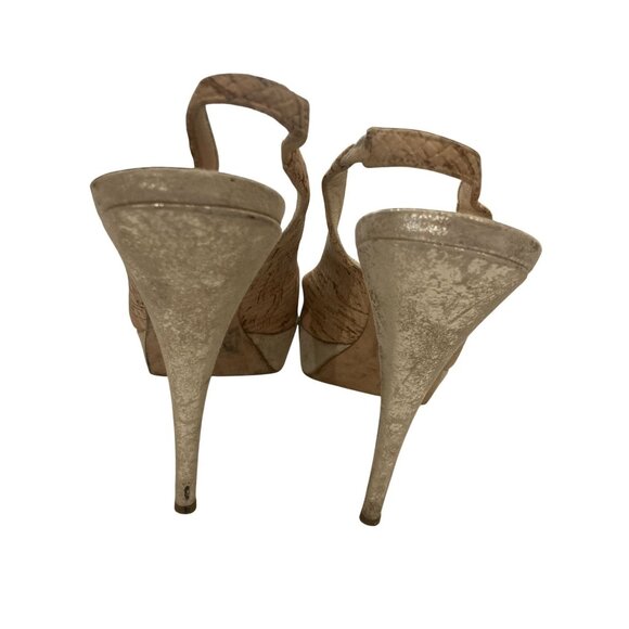 Oscar De La Renta Peep Toe Platform Slingback Heels Size 5.5 Tan & Gold - Picture 4 of 7